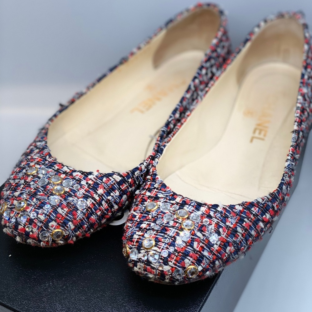 Chanel tweed flats with jeweled CC
